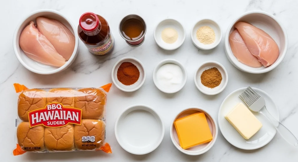 Overhead view of ingredients needed to make easy pulled chicken sliders, including chicken breasts, BBQ sauce, Hawaiian rolls, and cheddar cheese.