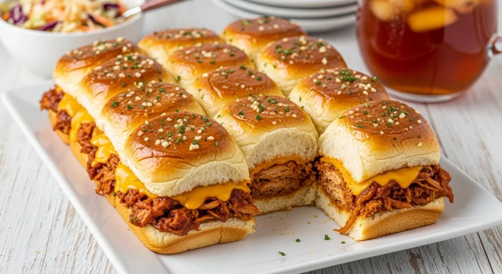 A mouthwatering close-up of warm, easy pulled chicken sliders showing gooey melted cheese and tender, glossy barbecue chicken.
