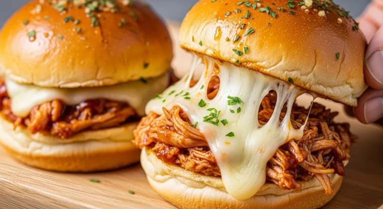 A rustic wooden tray filled with cheesy BBQ pulled chicken sliders featuring a garlic butter glaze on sweet Hawaiian rolls.