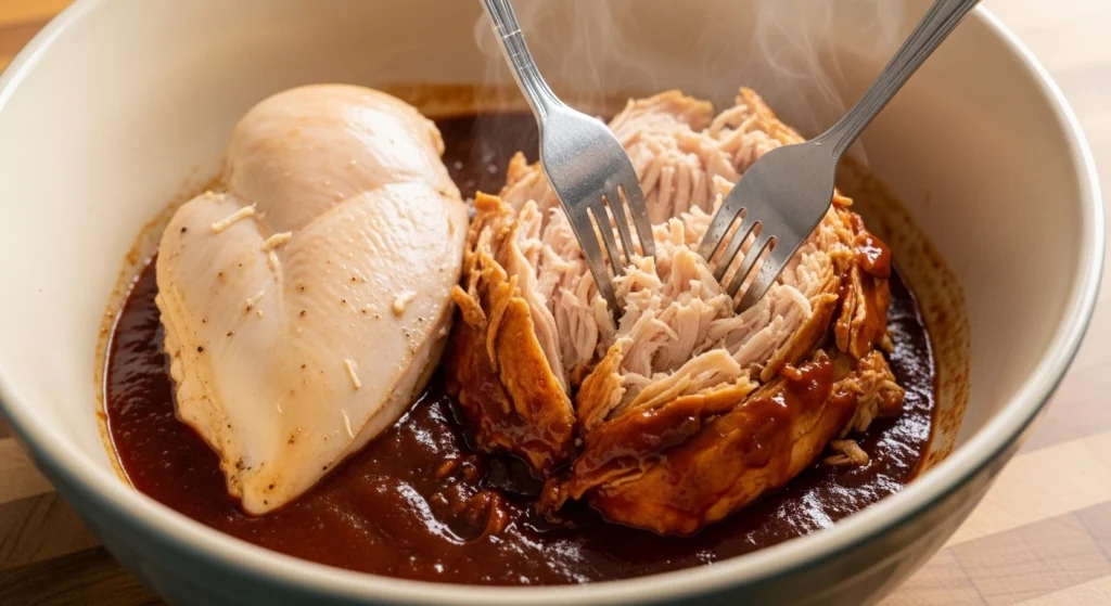 Layering sharp cheddar cheese over the hot shredded meat to finish building these BBQ chicken sliders on Hawaiian rolls.