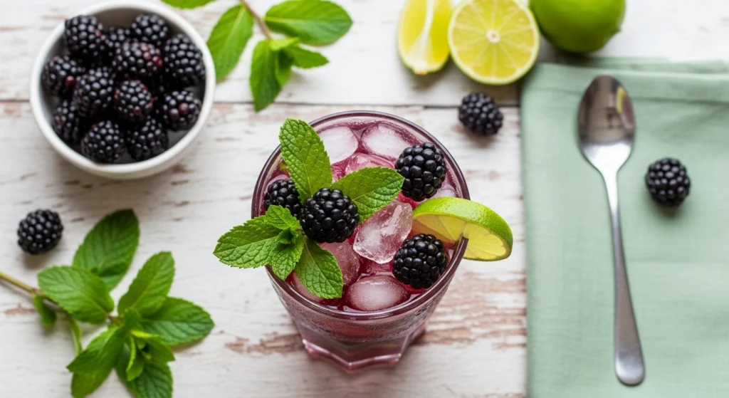 An extreme close-up of a frosty glass filled with a non-alcoholic blackberry mojito, highlighting the fizzy carbonation bubbles, crushed ice, and perfectly muddled berries.