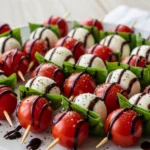 A rustic white platter filled with fresh Caprese Salad Skewers with Balsamic Glaze, featuring glossy red tomatoes, white mozzarella pearls, and vibrant green basil.