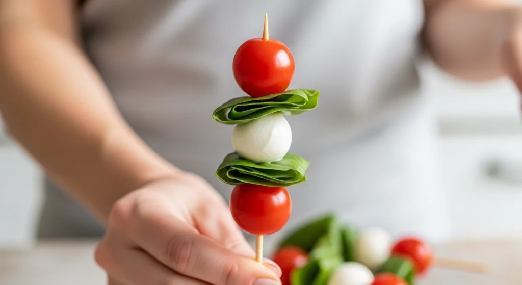 Close-up of hands patting dry fresh mozzarella pearls with a paper towel to prevent soggy Caprese salad skewers.