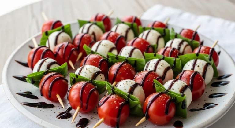 A rustic white platter filled with fresh Caprese Salad Skewers with Balsamic Glaze, featuring glossy red tomatoes, white mozzarella pearls, and vibrant green basil.