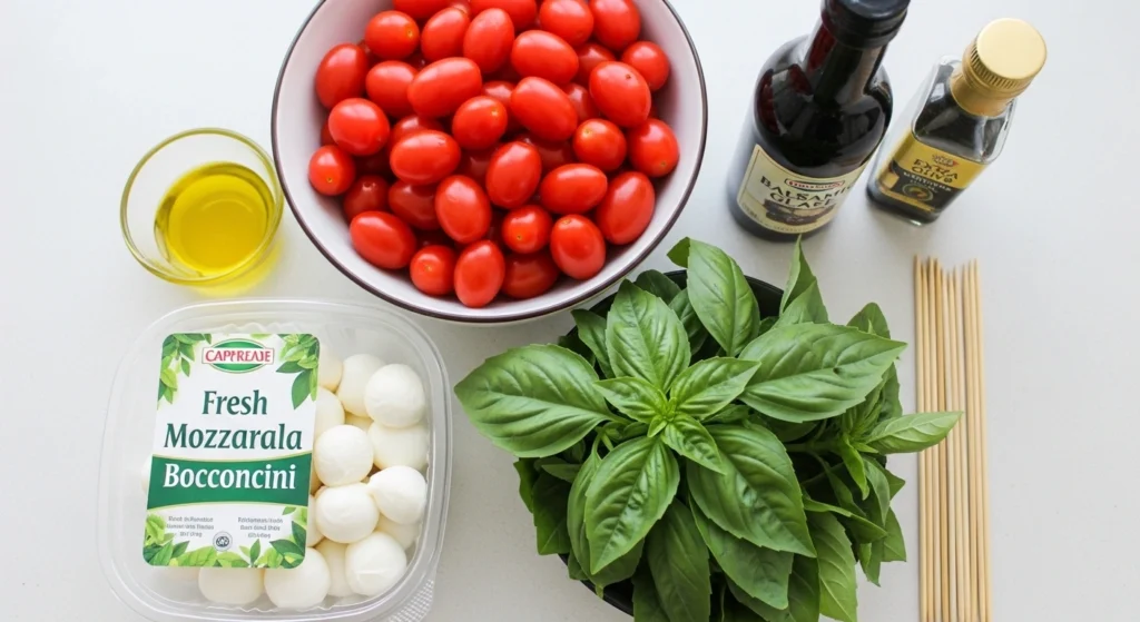 Overhead view of fresh ingredients for Caprese Salad Skewers, including cherry tomatoes, bocconcini mozzarella, fresh basil, and a bottle of balsamic glaze.