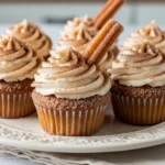 A brightly lit, close-up photo of a moist homemade Churro Cupcake topped with a tall swirl of cinnamon cream cheese frosting and a heavy dusting of crunchy cinnamon sugar, resting on a rustic plate.