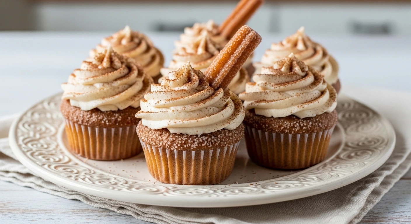 A brightly lit, close-up photo of a moist homemade Churro Cupcake topped with a tall swirl of cinnamon cream cheese frosting and a heavy dusting of crunchy cinnamon sugar, resting on a rustic plate.