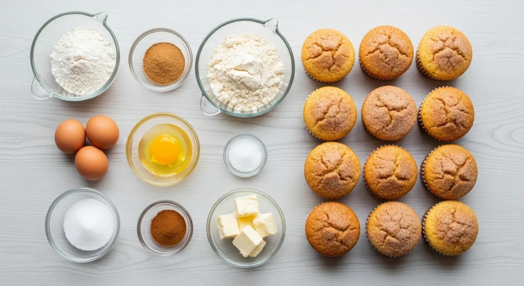 An overhead flat-lay of fresh ingredients for Churro Cupcakes arranged on a marble counter, including flour, sugar, eggs, sour cream, butter, and cream cheese.
