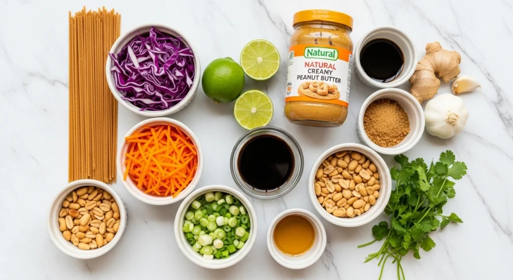Overhead view of ingredients for easy peanut noodles, including whole wheat spaghetti, red cabbage, fresh limes, and creamy peanut butter.