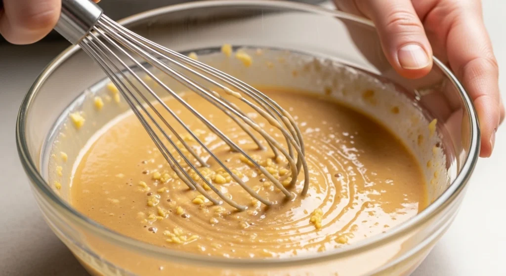 Whisking together a creamy peanut lime dressing in a glass bowl with soy sauce, fresh ginger, and minced garlic.