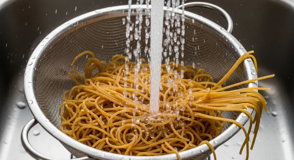 Rinsing cooked whole wheat spaghetti under cold water in a colander to prepare cold peanut noodles.