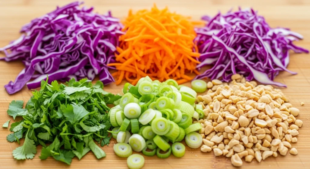 A wooden cutting board covered with freshly prepped vegetables and roasted peanuts for a healthy vegan noodle salad.