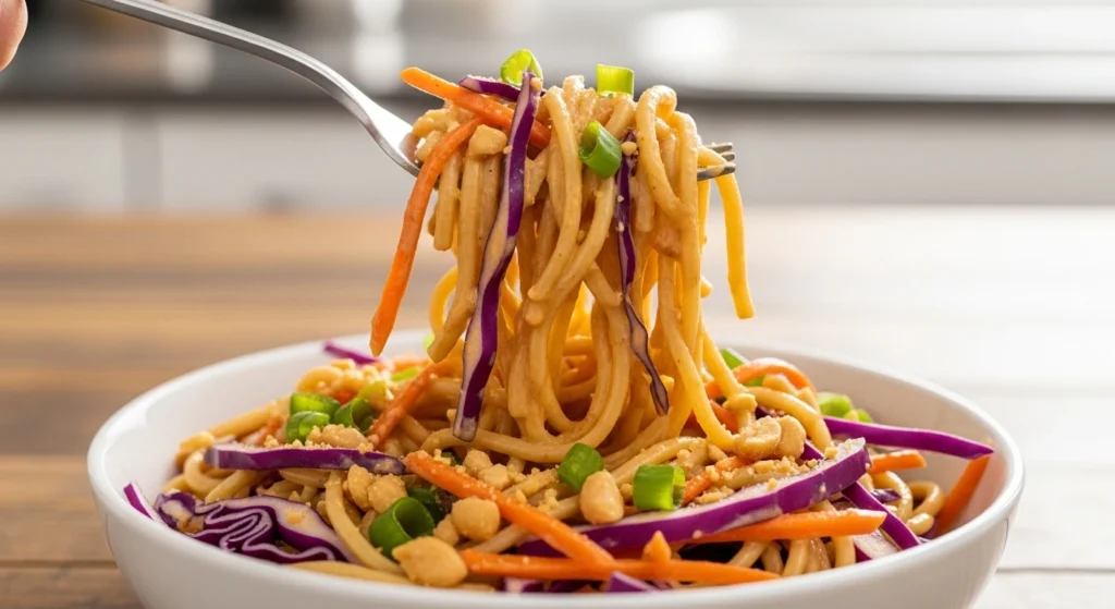 An individual serving of cold pasta salad with peanut sauce being lifted with a fork, perfect for budget-friendly meal prep.