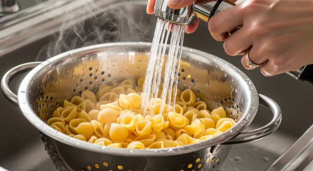 A close-up action shot of a woman's hand rinsing hot cooked shell pasta under cold running water in a stainless steel colander to prep a cold pasta salad with peas.