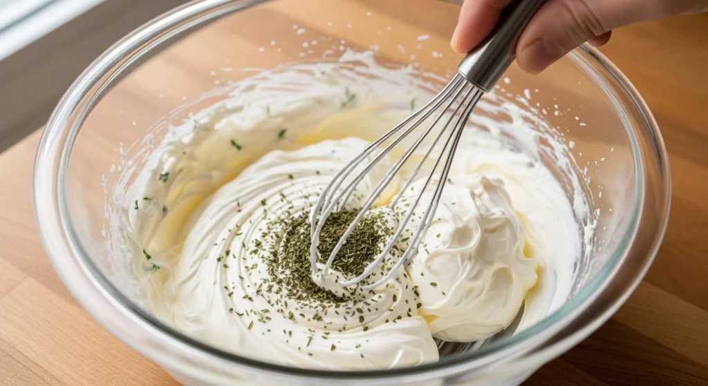 A brightly lit photo of a hand using a small wire whisk to blend sour cream, mayonnaise, and dried herbs together to create a rich homemade ranch dressing mix for pasta.