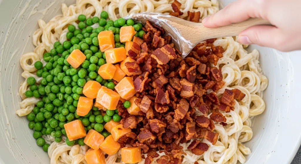 A macro photo of a wooden spoon folding crispy bacon crumbles, cubed cheddar cheese, and bright green peas into a creamy bacon ranch pasta salad recipe.