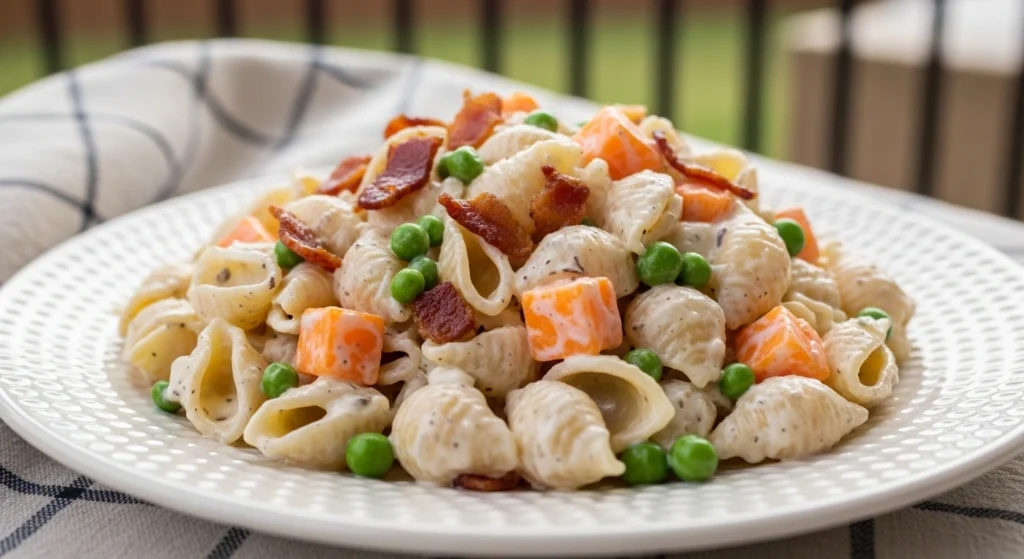 A beautiful, sunlit close-up of a plated serving of creamy bacon ranch pasta salad resting on a patio table, making the ultimate make-ahead potluck salad for summer.