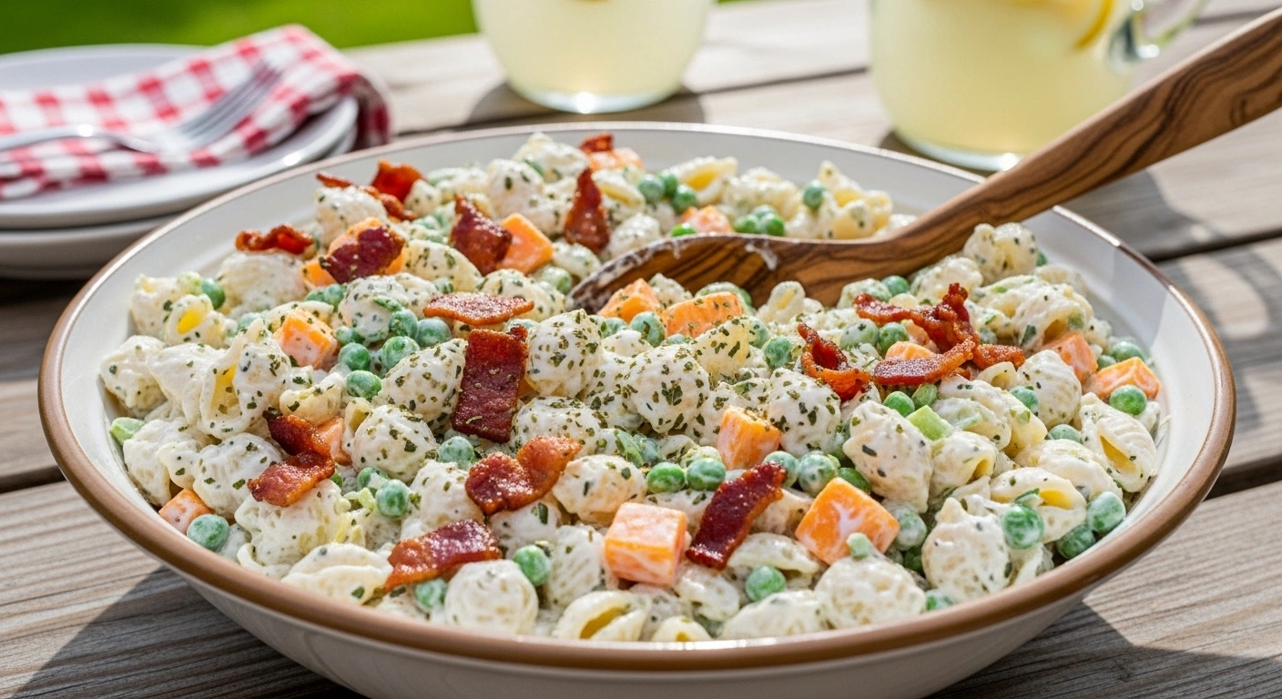 A candid, naturally lit photo of a large rustic serving bowl filled with creamy bacon ranch pasta salad loaded with cheddar cheese, crispy bacon, and peas on a wooden picnic table.