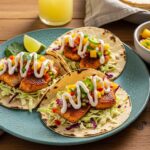 Two Baja Fish Tacos with Mango Salsa on a blue plate, topped with white sauce and fresh cilantro.