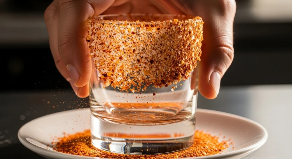 Dipping a lime-moistened cocktail glass into a plate of spicy chili seasoning to create the perfect Tajin rim margarita.