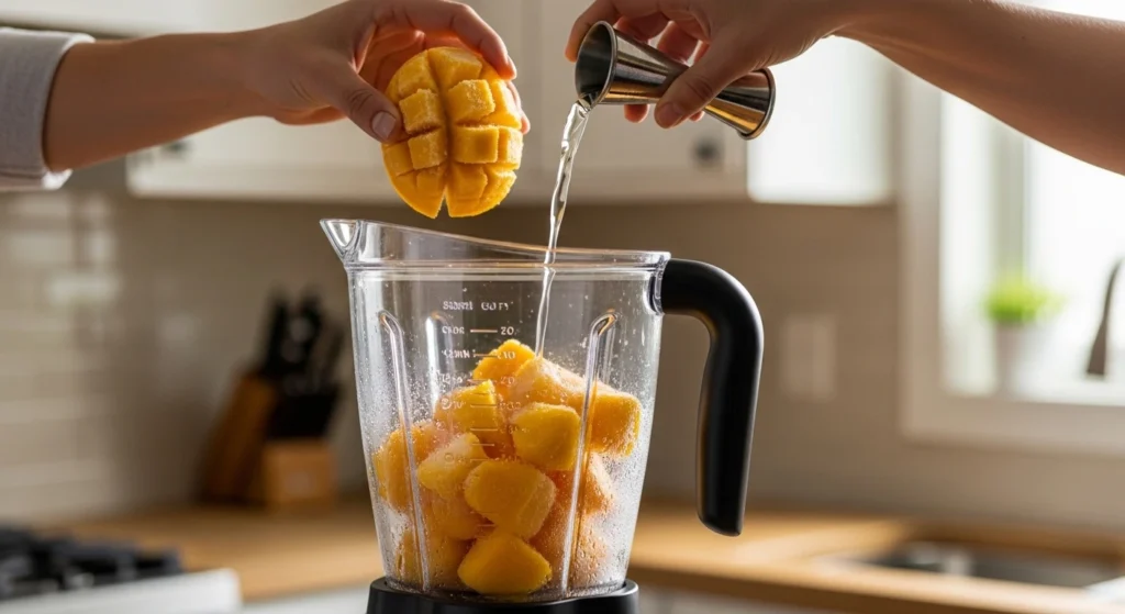 Adding frozen fruit, silver tequila, and homemade simple syrup for margaritas into a blender pitcher to make a refreshing summer drink.