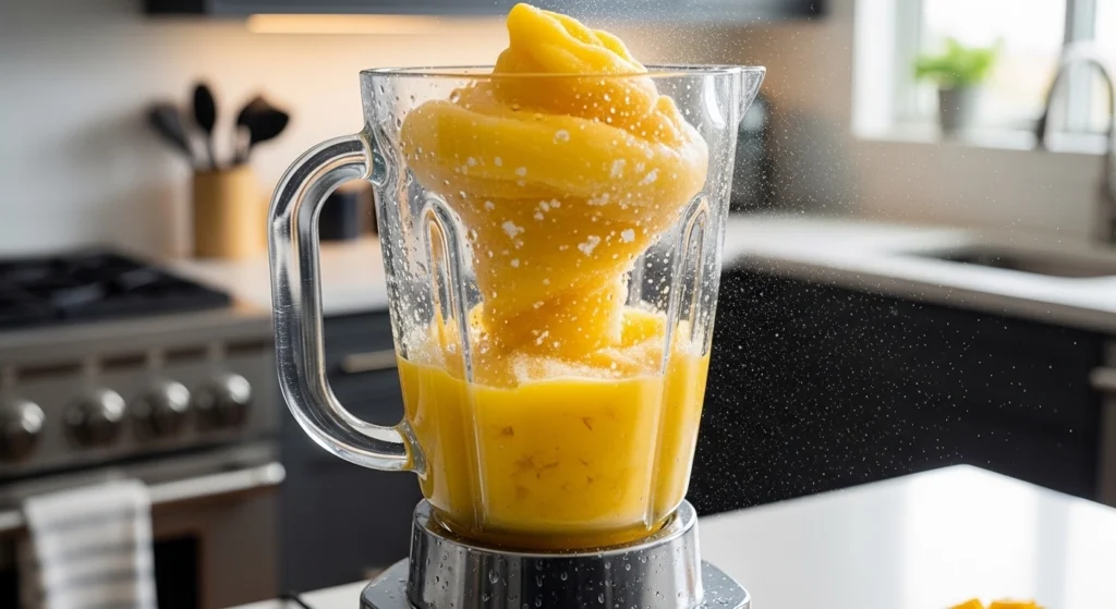 A high-speed blender mixing the frozen fruit and tequila into a thick, smooth, and icy mango slushie cocktail.