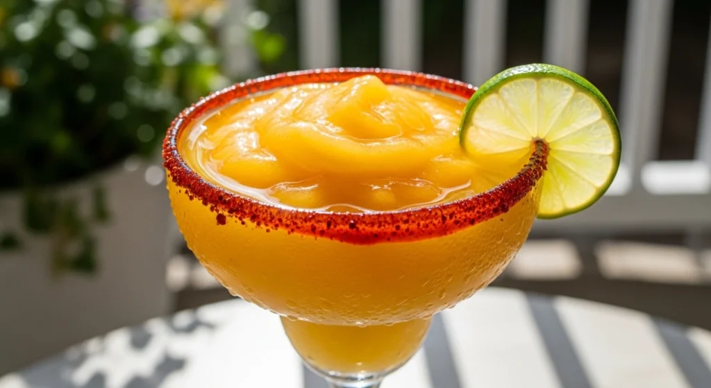 A beautifully blended mango margarita served in a cold rocks glass on a sunny patio table, perfect for summer cocktails.