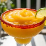A beautifully blended mango margarita served in a cold rocks glass on a sunny patio table, perfect for summer cocktails.