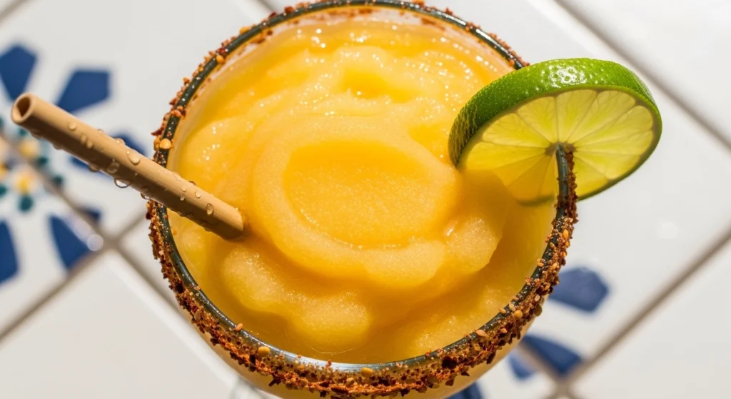 A detailed close-up shot of a frozen mango margarita showing the thick, slushy texture, a vibrant Tajin rim, and an eco-friendly bamboo straw under bright natural sunlight.