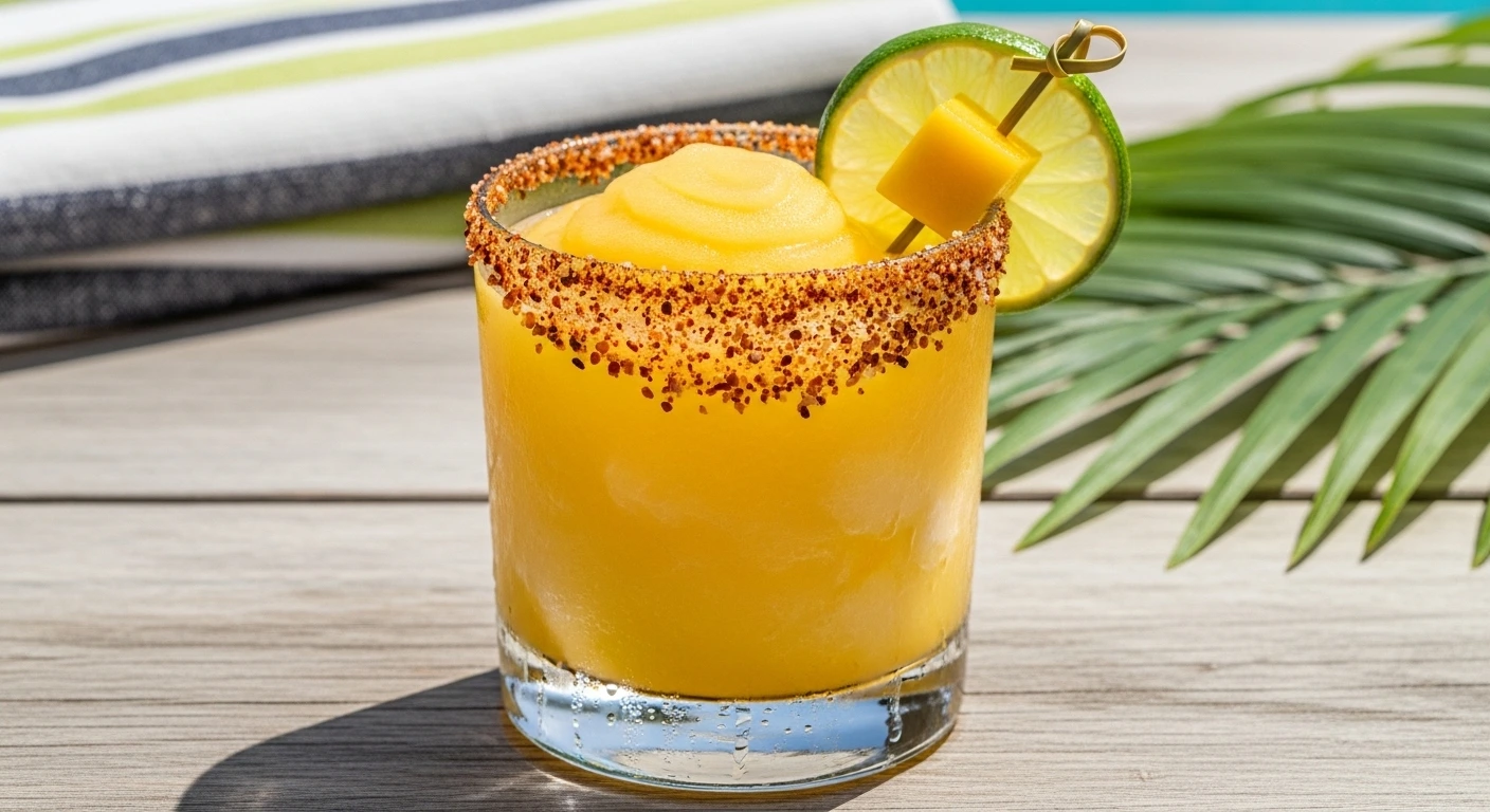 A frosty glass filled with a refreshing Frozen Mango Margarita, featuring a spicy chili-lime Tajin rim and a fresh lime garnish.