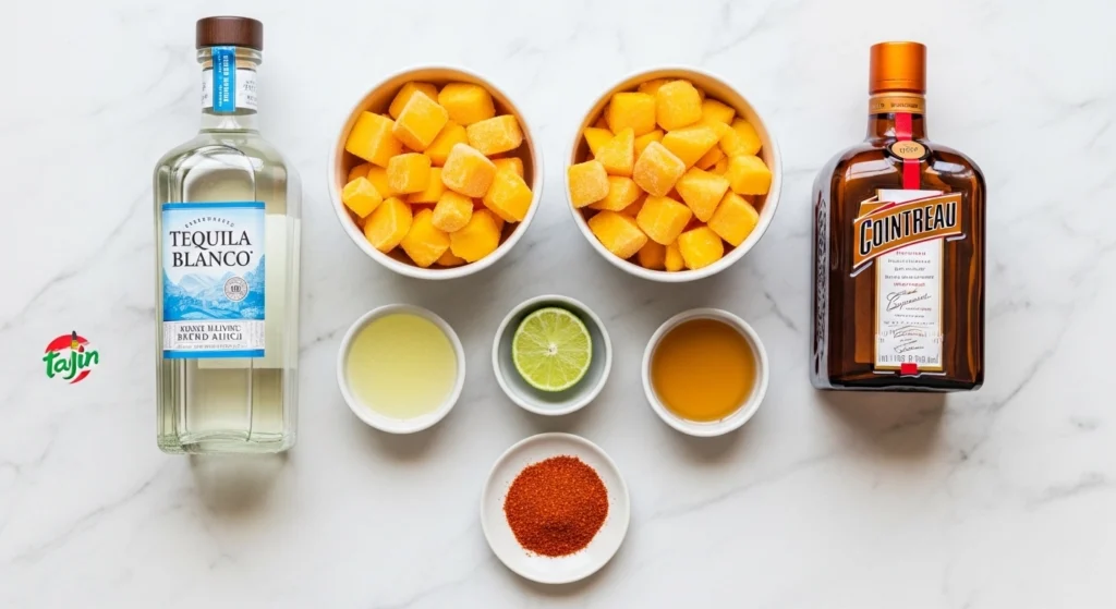Overhead view of ingredients for an easy frozen mango margarita, including frozen mango chunks, tequila blanco, Cointreau, and fresh limes