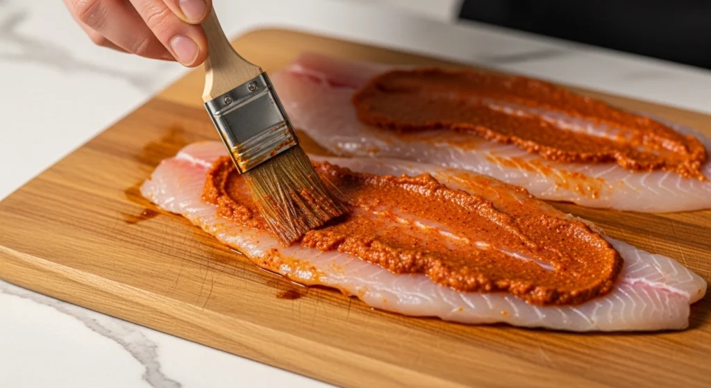 A hand brushing a zesty red spice and olive oil marinade onto fresh mahi-mahi fillets on a wooden cutting board to make healthy grilled mahi-mahi tacos.