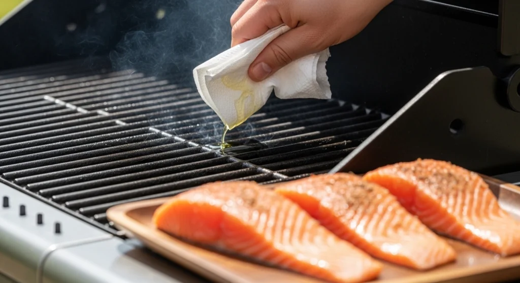 Greasing hot grill grates with an oil-soaked paper towel, showing exactly how to grill salmon without sticking to the barbecue.