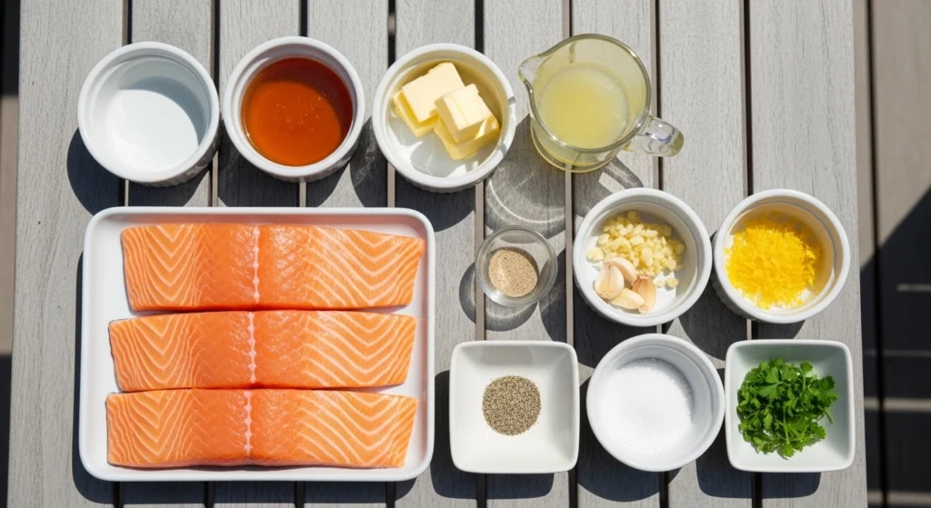 Raw center-cut salmon fillets, honey, lemon juice, butter, and garlic needed to make the best honey lemon salmon marinade for grilling.