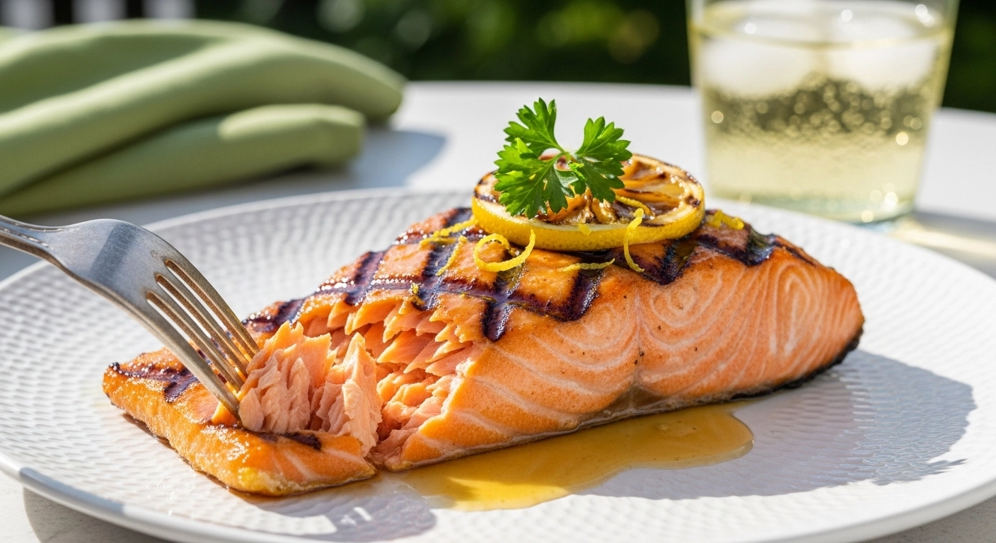 A close-up of flaky, perfectly cooked Grilled Honey Lemon Butter Salmon topped with fresh parsley and a grilled lemon wheel on a white plate.
