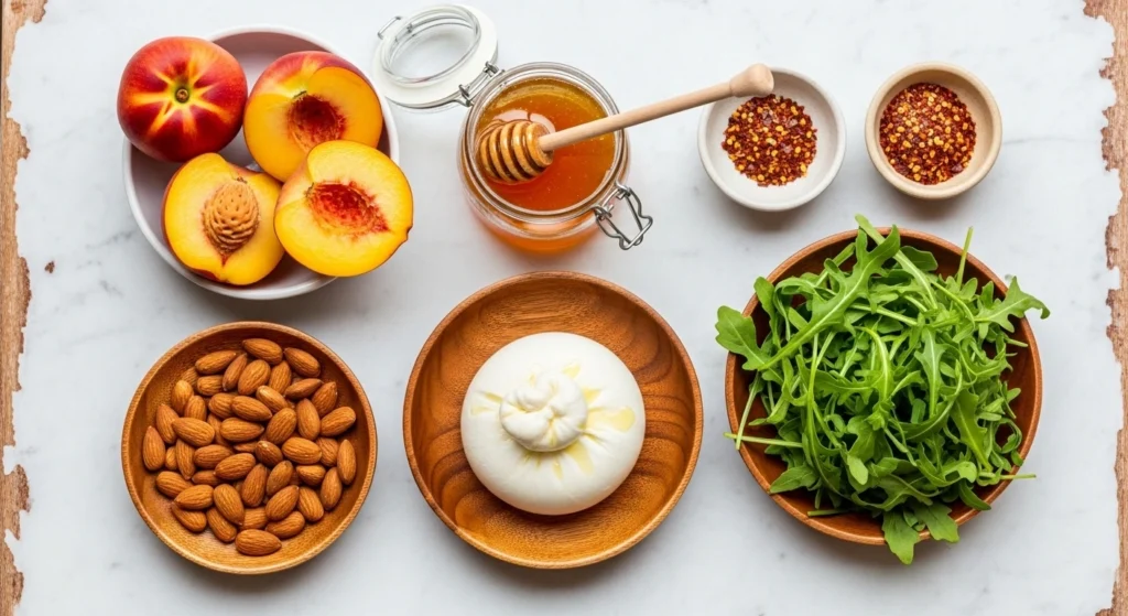 Fresh ingredients for a sweet and savory summer salad, including raw peaches, honey, fresh arugula, toasted almonds, and a ball of burrata cheese.