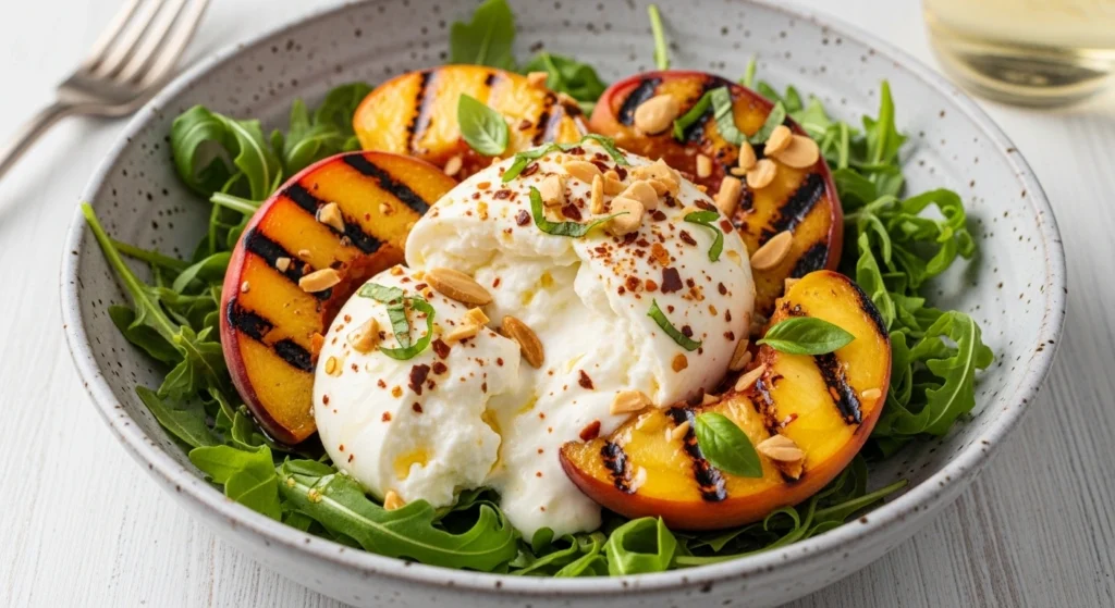A stunning vegetarian BBQ side dish featuring a classic rocket and peach salad topped with toasted almonds and creamy oozy cheese.