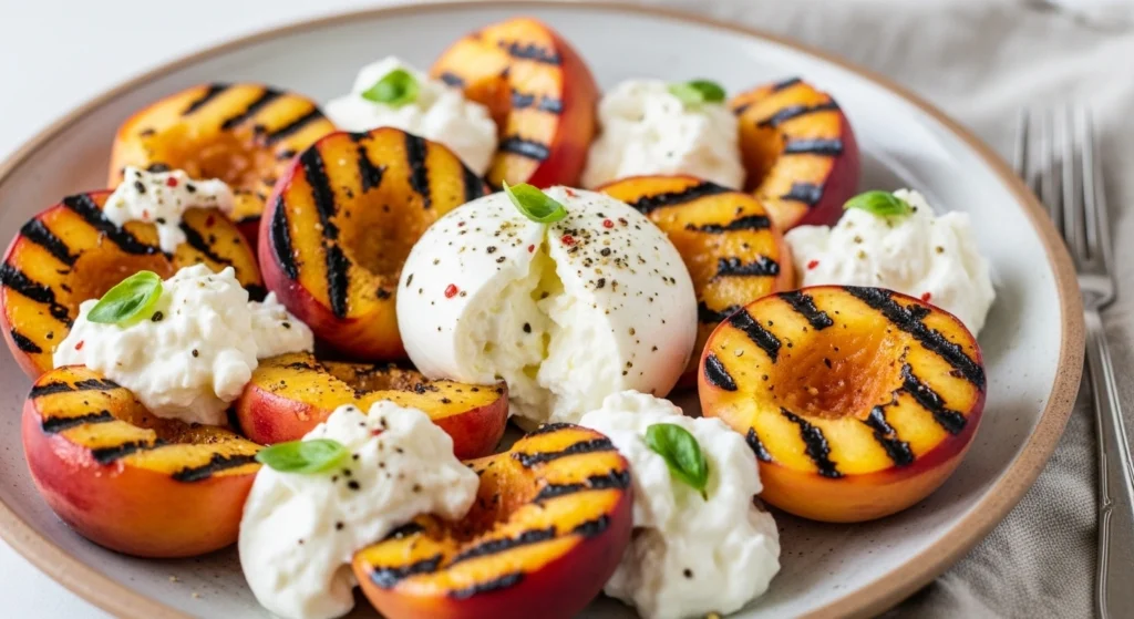 A close-up of an individual serving of Grilled Peach and Burrata Salad in an artisan bowl, showing oozy cheese, honey, and perfectly charred peaches.