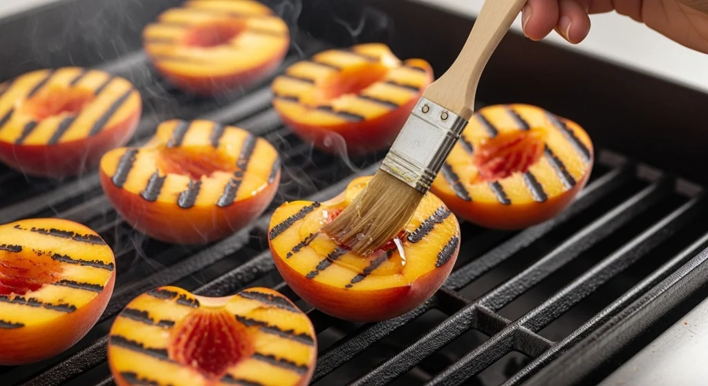 Brushing fresh fruit with sweet glaze on a hot grill pan to make a caramelized grilled peach salad with honey