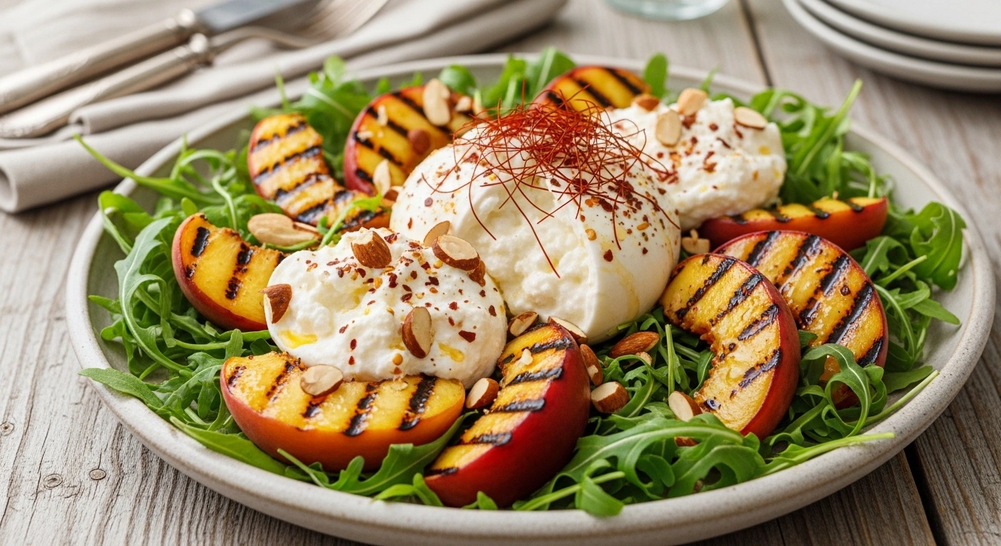 A beautiful rustic platter of Grilled Peach and Burrata Salad featuring caramelized fruit, creamy cheese, fresh arugula, and chili flakes.