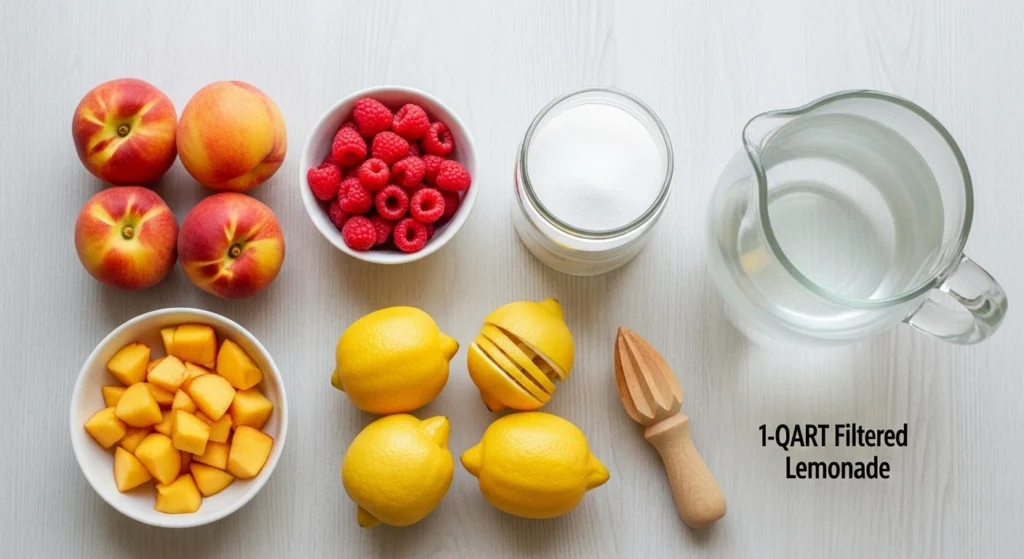 An overhead view of fresh peaches, red raspberries, whole lemons, sugar, and a pitcher of water arranged on a light wooden table.