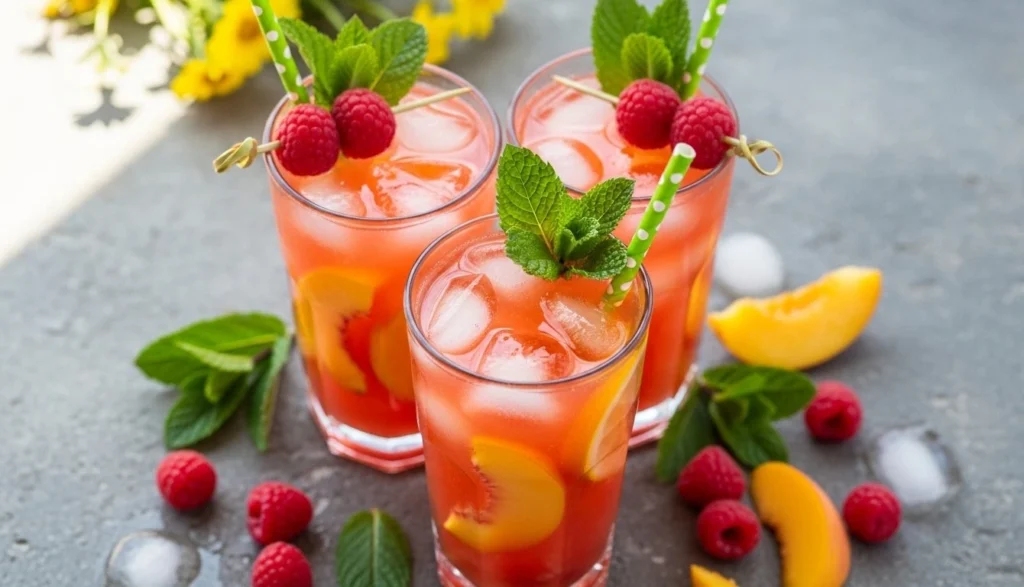 A large glass pitcher filled with bright pink homemade raspberry peach lemonade, fresh peach slices, whole raspberries, and mint leaves on a sunlit wooden patio table.