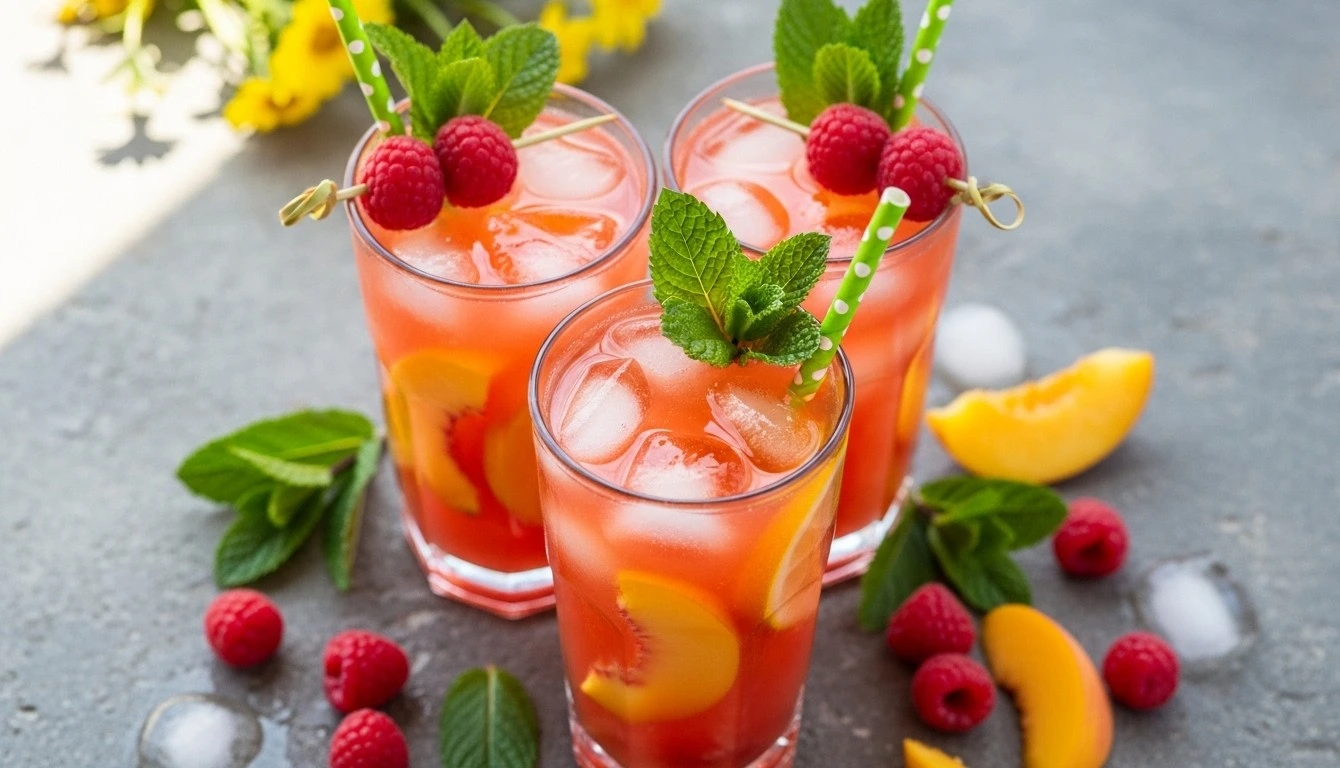 A large glass pitcher filled with bright pink homemade raspberry peach lemonade, fresh peach slices, whole raspberries, and mint leaves on a sunlit wooden patio table.