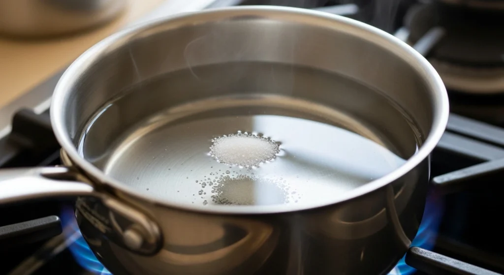 Granulated sugar dissolving into simmering water in a small stainless steel saucepan to create a clear simple syrup.