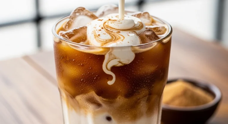 A tall glass showing the beautiful cascading layers of a refreshing Iced Brown Sugar Oatmilk Shaken Espresso, featuring thick, frothy coffee and creamy milk over ice.