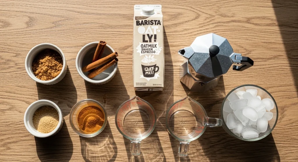 The raw ingredients needed for a DIY iced shaken espresso recipe, including blonde roast espresso, dark brown sugar, cinnamon, and the best oat milk for shaken espresso.