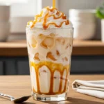 A naturally lit, human-shot photo of a homemade iced caramel macchiato in a tall glass, showing distinct layers of milk and espresso, finished with whipped cream and caramel drizzle on a sunny kitchen counter.