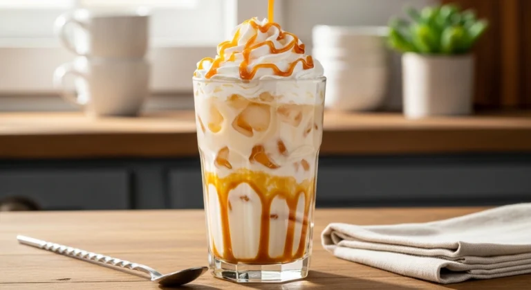 A naturally lit, human-shot photo of a homemade iced caramel macchiato in a tall glass, showing distinct layers of milk and espresso, finished with whipped cream and caramel drizzle on a sunny kitchen counter.