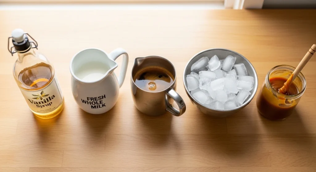 A casual, overhead shot of the ingredients needed for an iced caramel macchiato arranged on a wooden kitchen counter, including milk, espresso, vanilla syrup, caramel sauce, and ice.