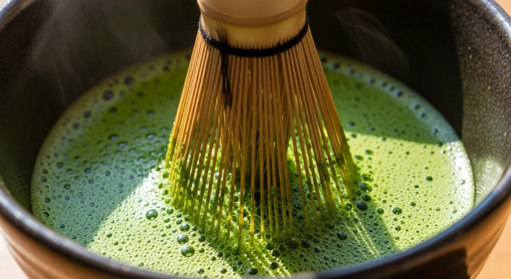 A traditional bamboo whisk vigorously frothing bright green matcha powder and warm water in a small ceramic bowl to create a smooth, clump-free matcha concentrate.